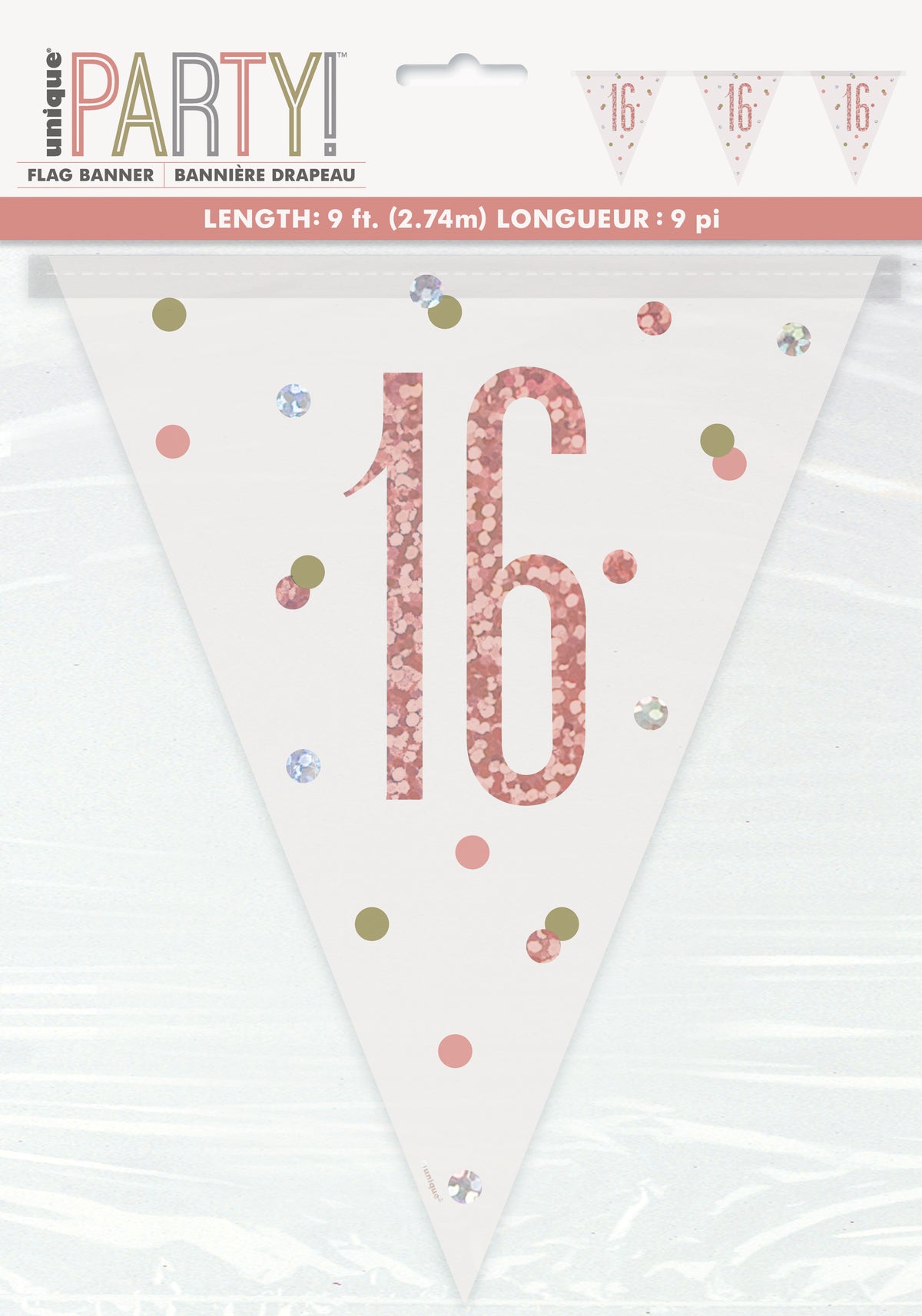 Glitz "16" Rose Gold Prismatic 9ft Plastic Pennant Flag Banner