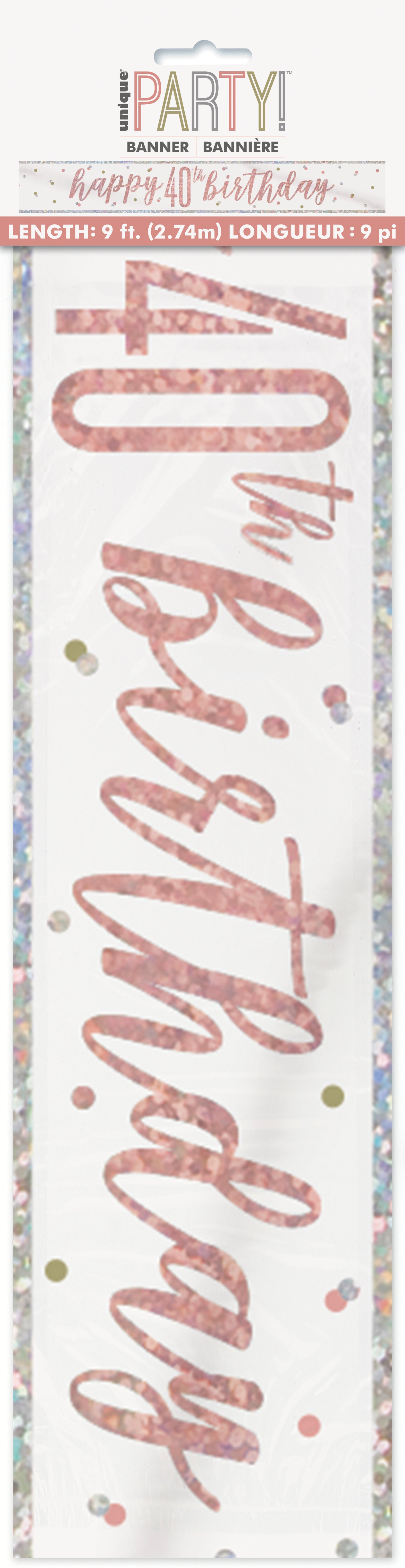 Happy "40th" Birthday Banner – 9ft Glitz Rose Gold Foil Party Decoration