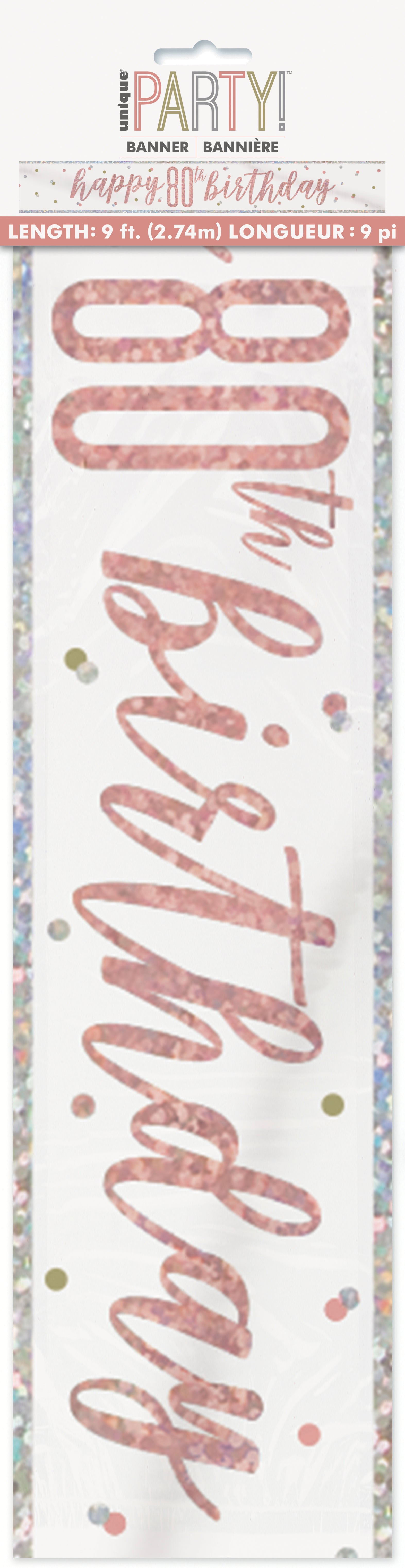 Happy "80th" Birthday Banner – 9ft Rose Gold Foil Glitz Party Decoration