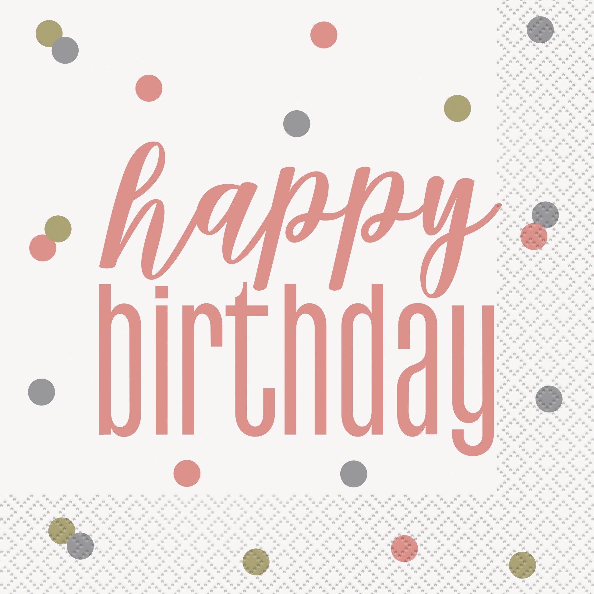 Rose Gold Glits birthday Lunch size Napkin with 'happy birthday' text and colorful dots on a white background