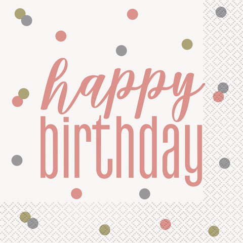 Rose Gold Glits birthday Lunch size Napkin with 'happy birthday' text and colorful dots on a white background