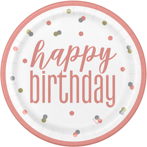 Glitz Rose Gold "Happy Birthday" 9inch Dinner Plates  8ct
