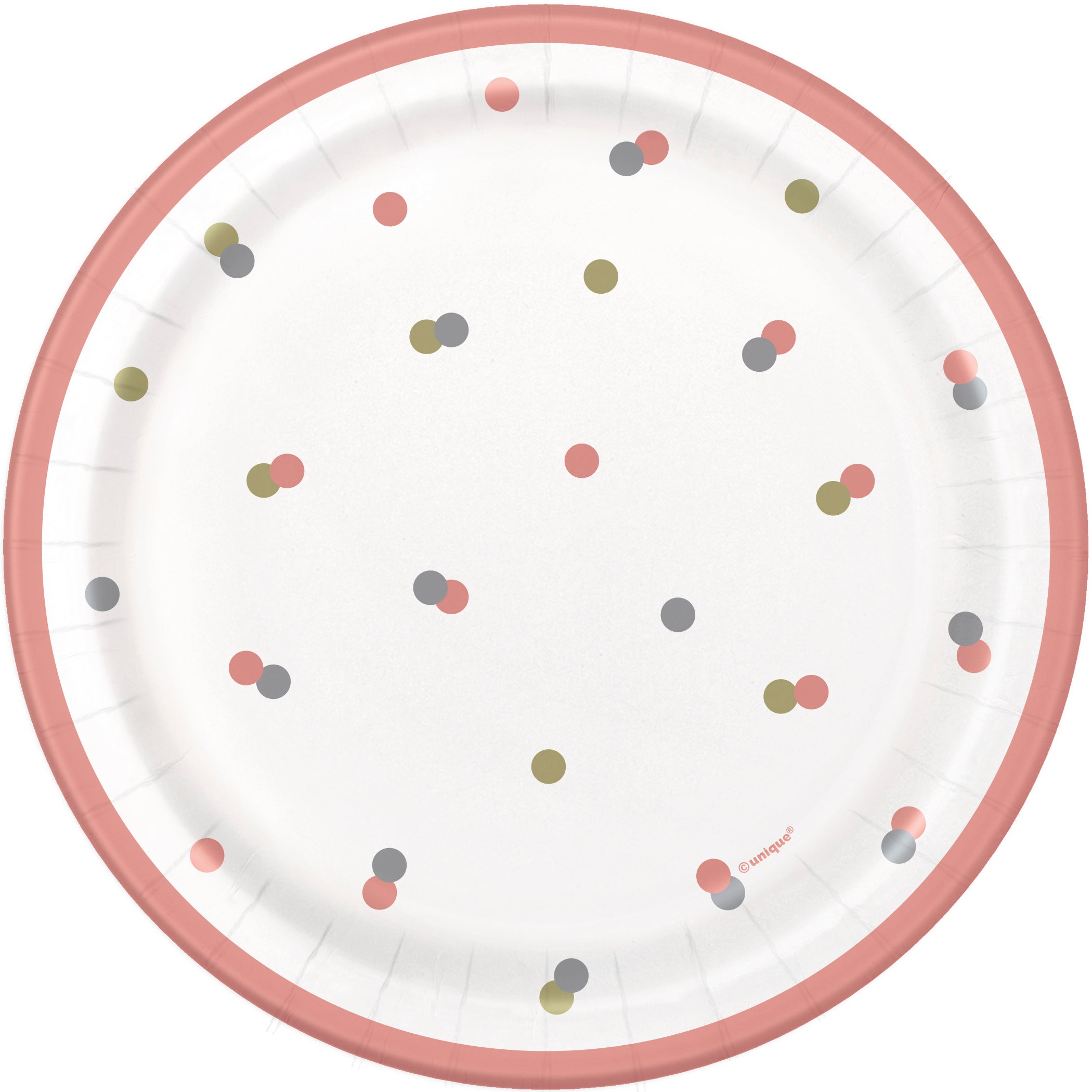 Paper plate with colorful polka dots and a pink rim on a white background