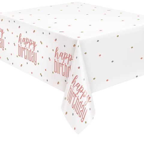 Showing the table cover rose gold birthday party kit with tableware and decorations available in Manahawkin NJ