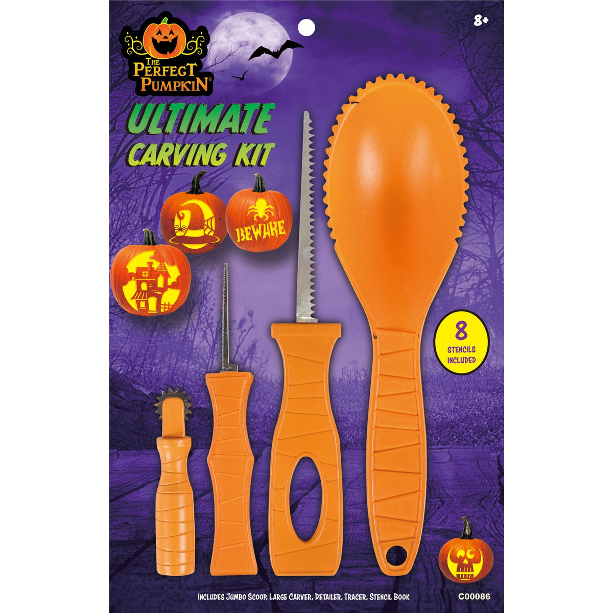 Ultimate Pumpkin 4 pc Carving Kit with book of 8 Stencils