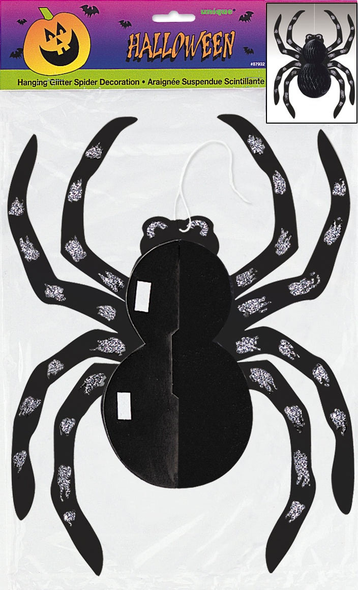 Spider Glitter Hanging Honeycomb Decoration – 14" Halloween Hanging Decor | Black Spider Party Decoration
