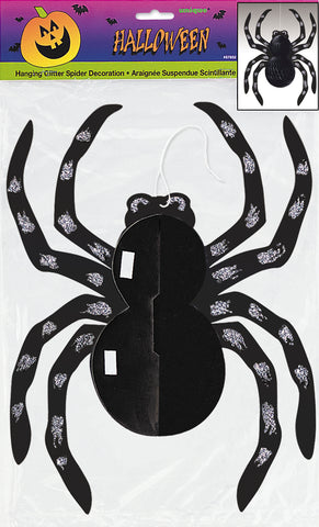 Spider Glitter Hanging Honeycomb Decoration – 14" Halloween Hanging Decor | Black Spider Party Decoration