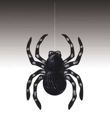 Spider Glitter Hanging Honeycomb Decoration – 14" Halloween Hanging Decor | Black Spider Party Decoration