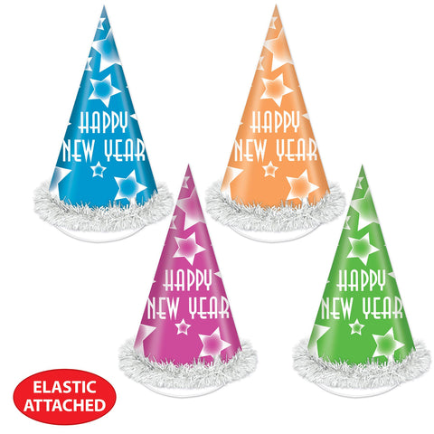 Happy New Year 12" Cone Hat – Blue, Green, Pink, or Orange (1-Pack)