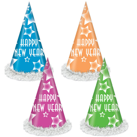 Happy New Year 12" Cone Hat – Blue, Green, Pink, or Orange (1-Pack)