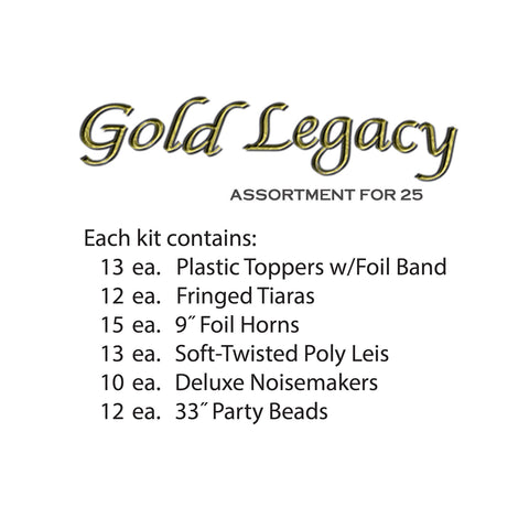 New Year’s Eve Party Kit – Gold Legacy Assortment for 25 People – Toppers, Tiaras, Horns, Leis, Noisemakers & Beads