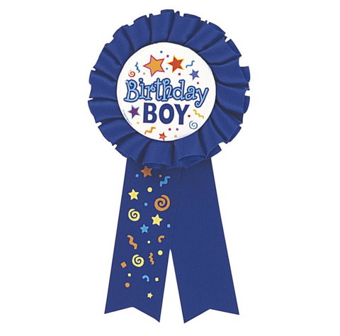 Colorful Birthday Boy award badge party ribbon accessory for birthday celebrations available in Manahawkin, NJ
