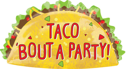 Close-up of taco balloon showing “Taco Bout A Party” text and vibrant design Party Fair Manahawkin NJ