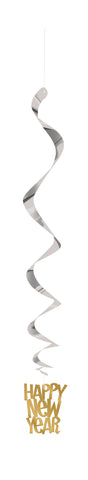 New Year’s Gold & Silver Hanging Swirl Decorations – 26", 3-Pack