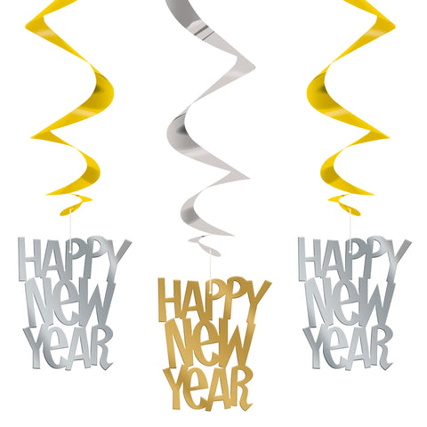 New Year’s Gold & Silver Hanging Swirl Decorations – 26", 3-Pack
