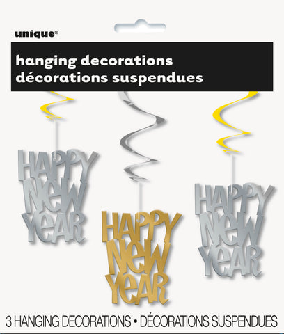 New Year’s Gold & Silver Hanging Swirl Decorations – 26", 3-Pack
