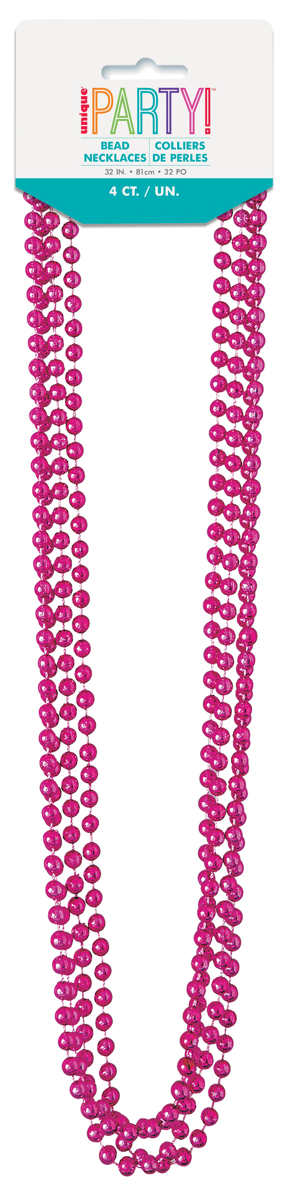 Pink Metallic Bead Necklaces – 32" Party Beads (4-Count) for Birthdays, Halloween, Mardi Gras & Event Favors