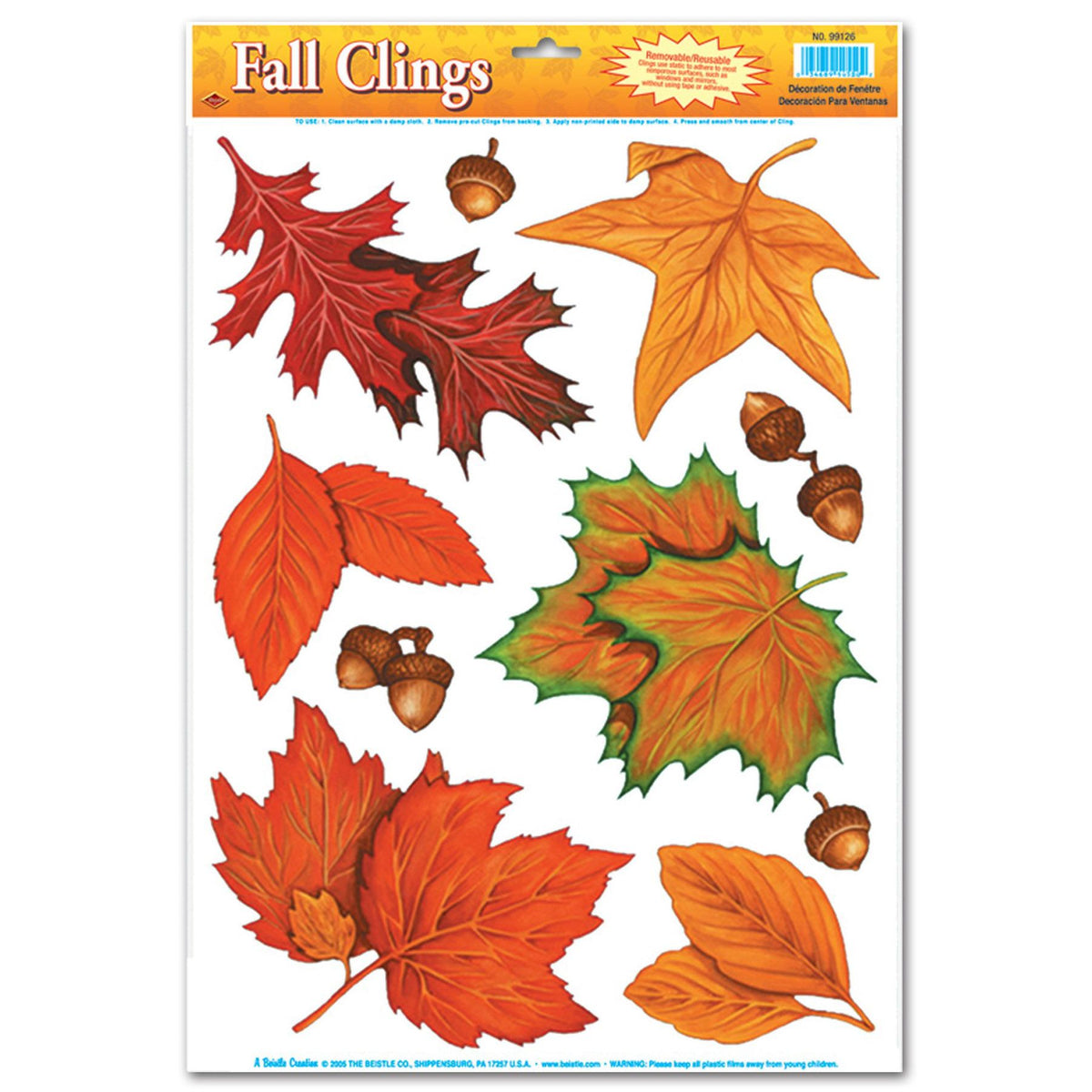 Fall Leaf Clings, 10 Clings per sheet, 1sheet, Sheet is  12" x 17"