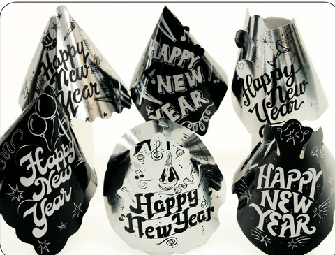 Foil Black and Silver Happy New Year Party Hats – New Year’s Eve Celebration Headwear