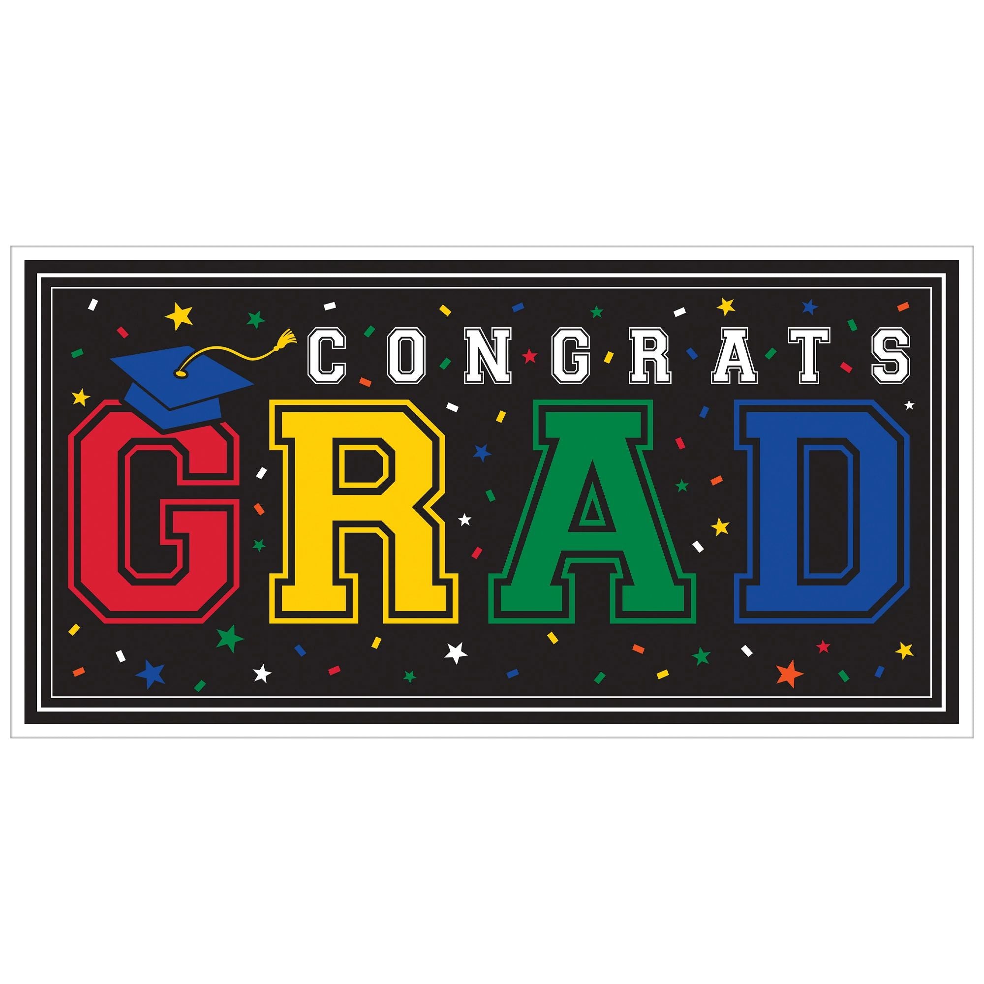 Graduation party setup featuring multicolor large horizontal banner displayed in Manahawkin, NJ at Party Fair 
