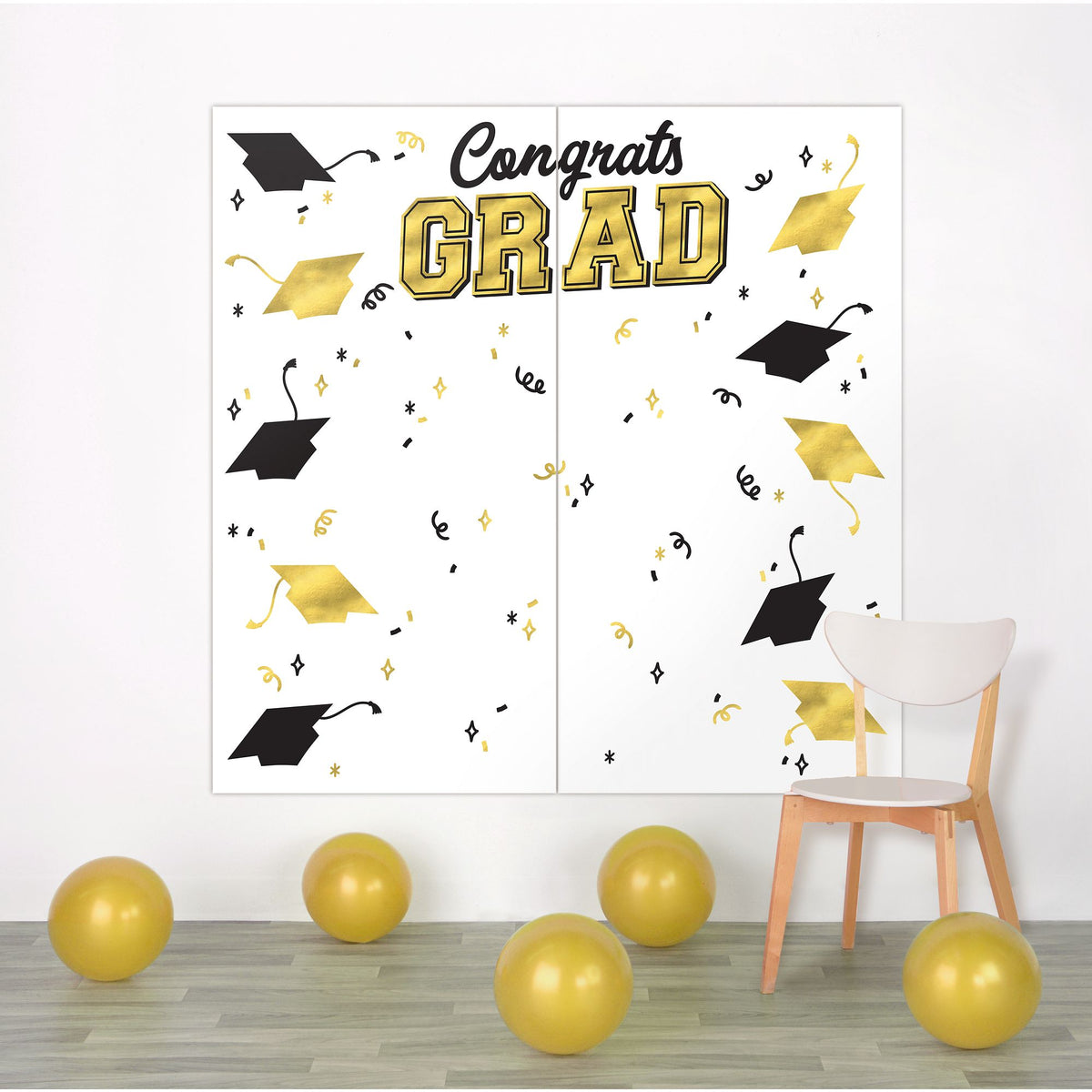 Graduation photo backdrop display featuring printed black, silver, and gold design, in  Manahawkin, NJ at Party Fair