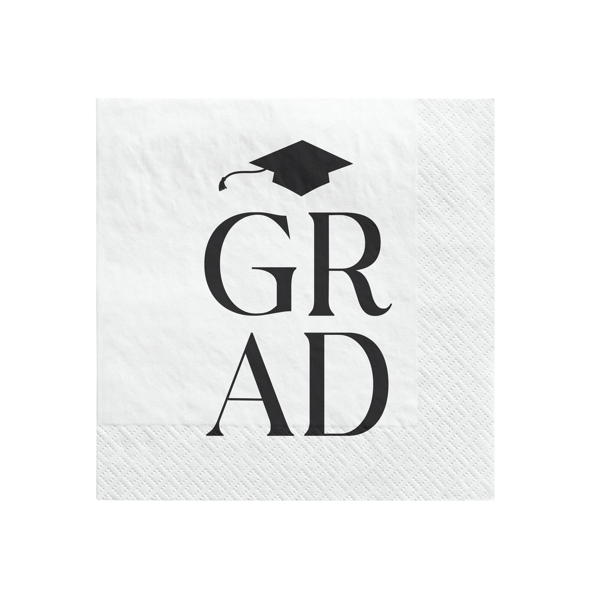Classic graduation beverage napkins with black “GRAD” and cap design from Party Fair in Manahawkin, NJ