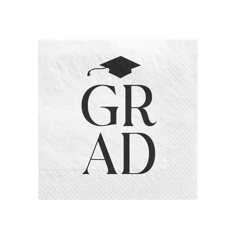 Classic graduation beverage napkins with black “GRAD” and cap design from Party Fair in Manahawkin, NJ