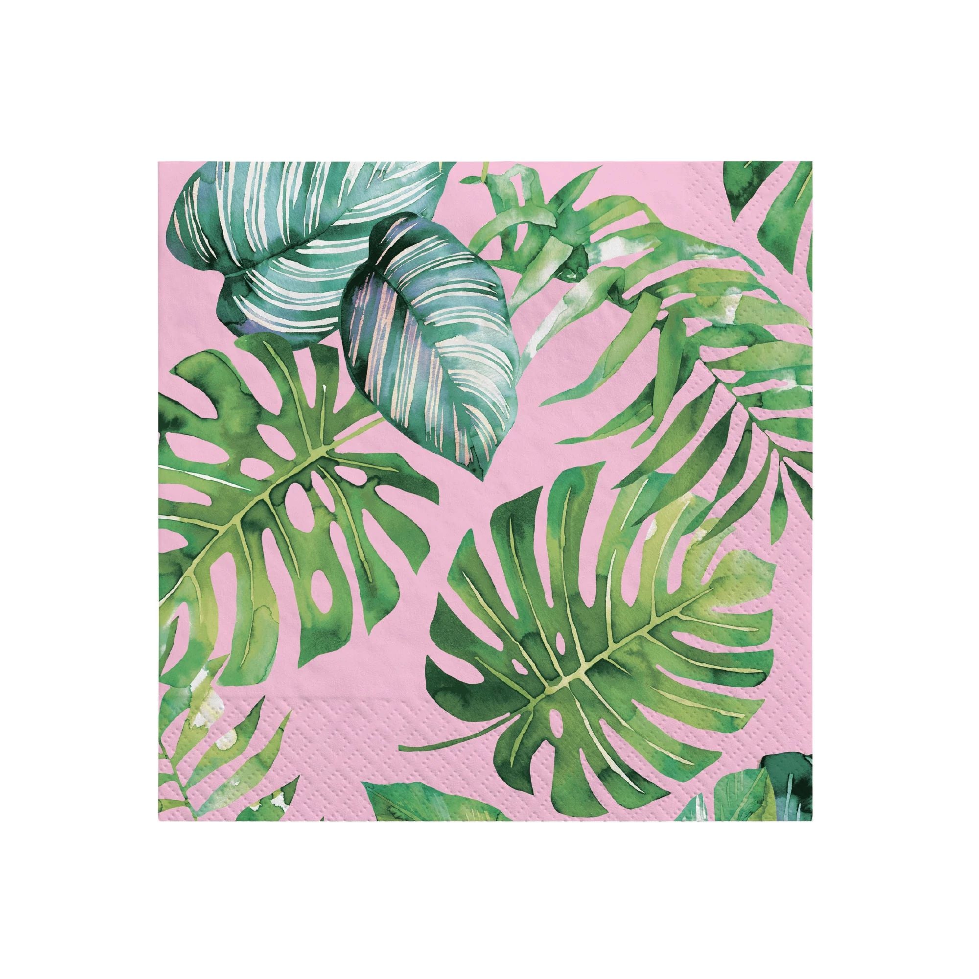 Palm leaves beverage napkins with pink background and green palm design available in Manahawkin NJ at Party Fair.