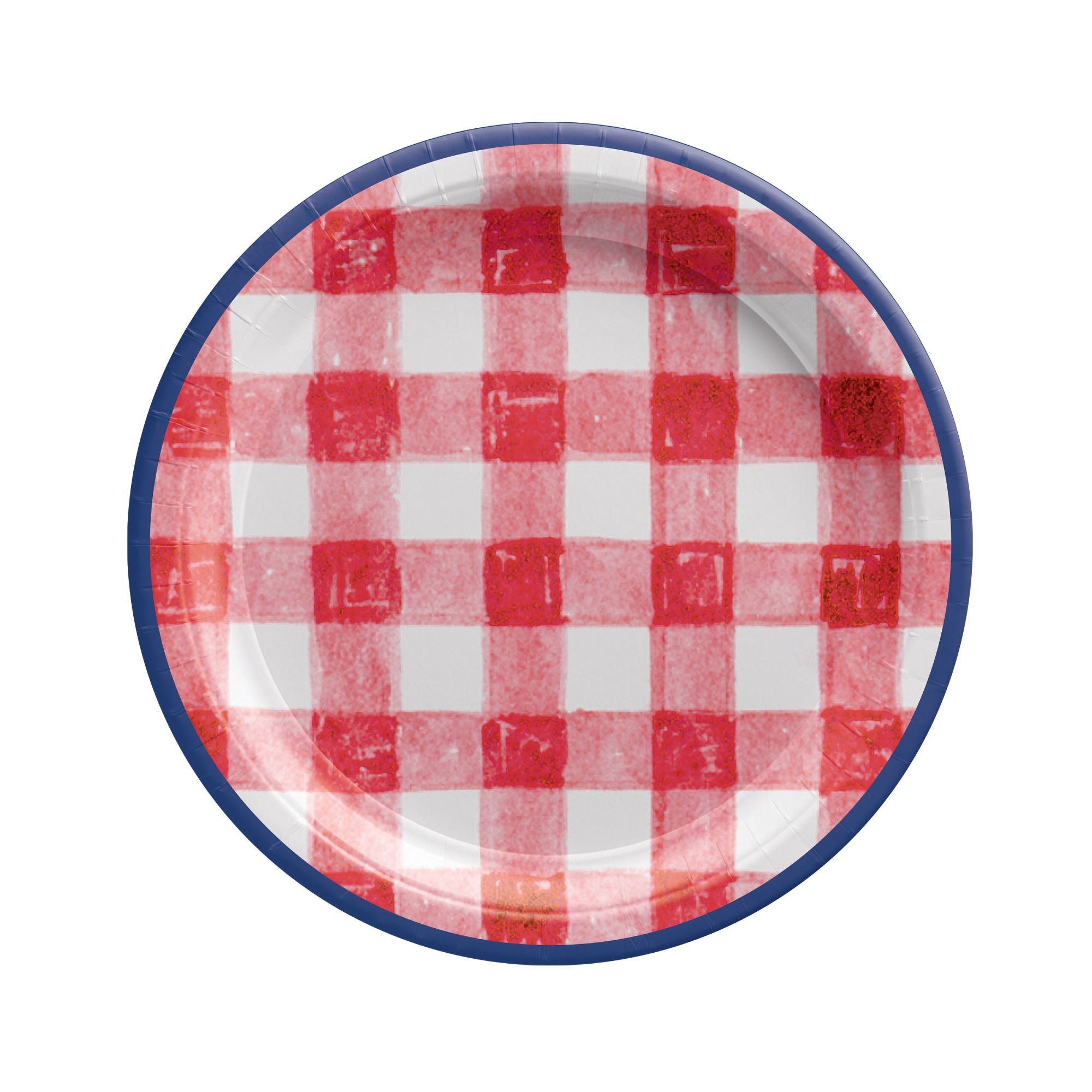 Patriotic Patchwork 7 inch paper plates with red white and blue gingham design in Manahawkin, NJ from Party Fair
