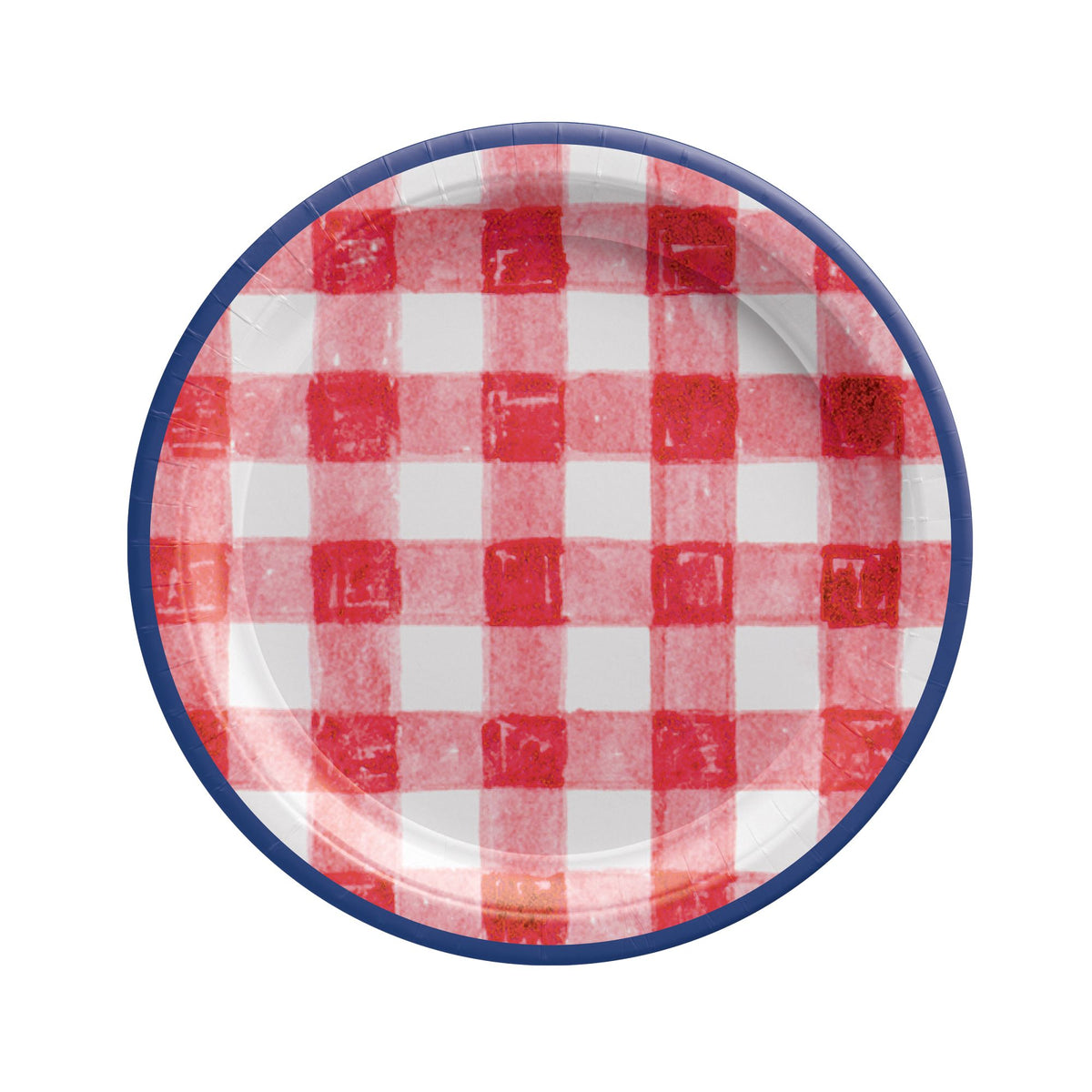 Patriotic Patchwork 7 inch paper plates with red white and blue gingham design in Manahawkin, NJ from Party Fair
