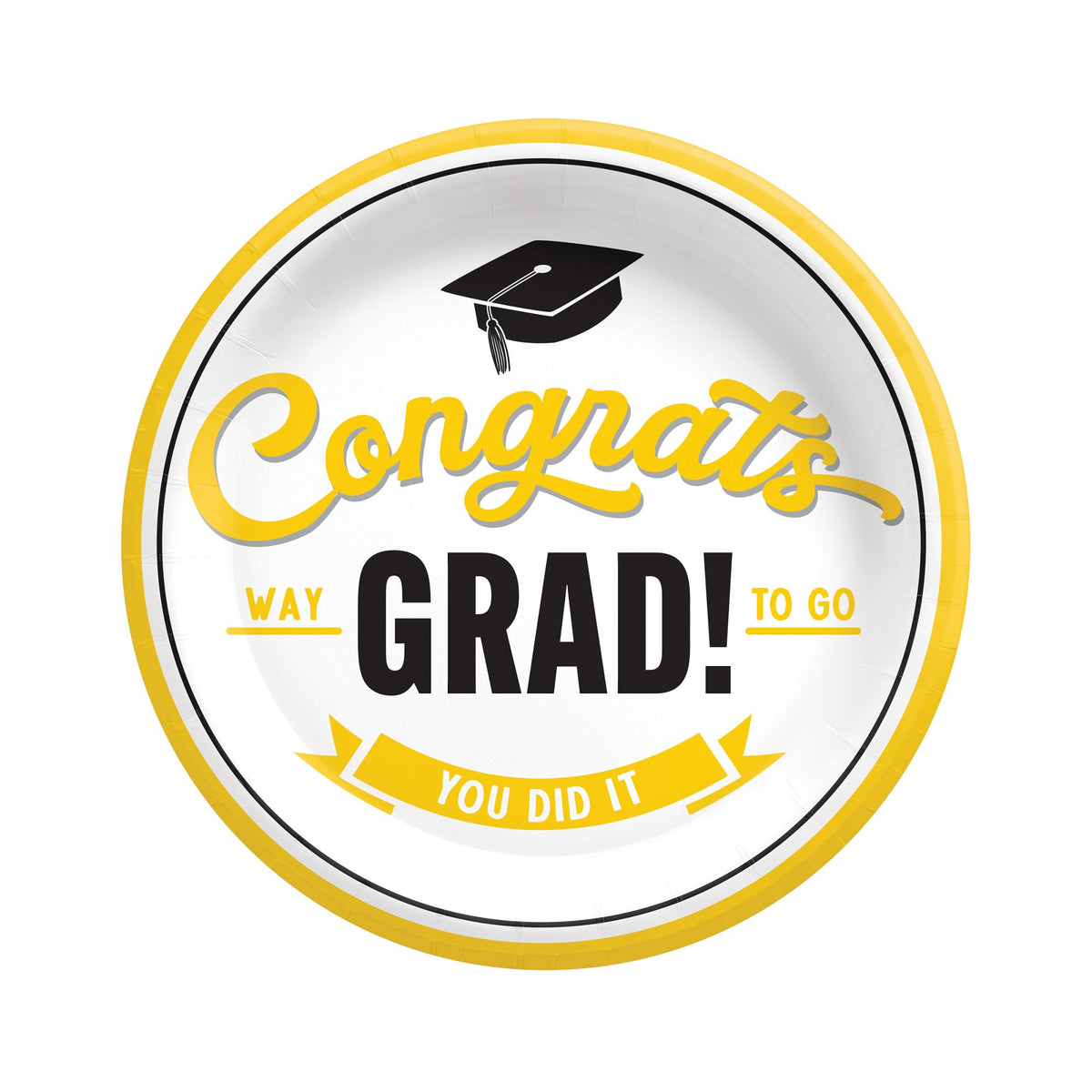 School spirit yellow 7 inch graduation plates with Congrats Grad design from Party Fair in Manahawkin, NJ