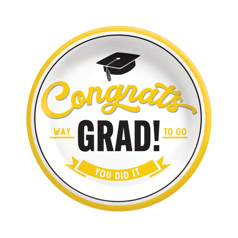 School spirit yellow 7 inch graduation plates with Congrats Grad design from Party Fair in Manahawkin, NJ