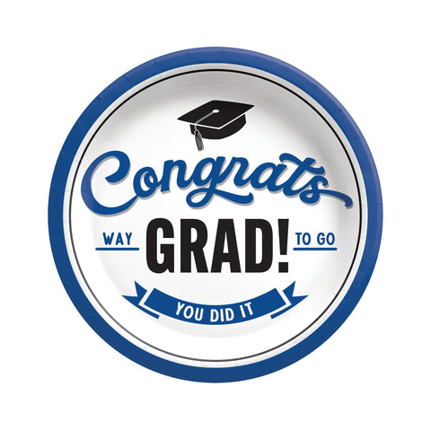 School spirit blue 7 inch graduation plates with Congrats Grad design from Party Fair in Manahawkin, NJ