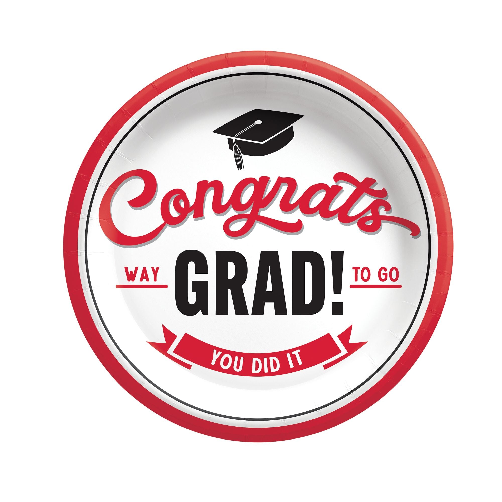School spirit red 7 inch graduation plates with Congrats Grad design from Party Fair in Manahawkin, NJ