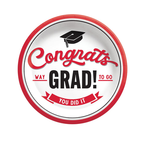 School spirit red 7 inch graduation plates with Congrats Grad design from Party Fair in Manahawkin, NJ