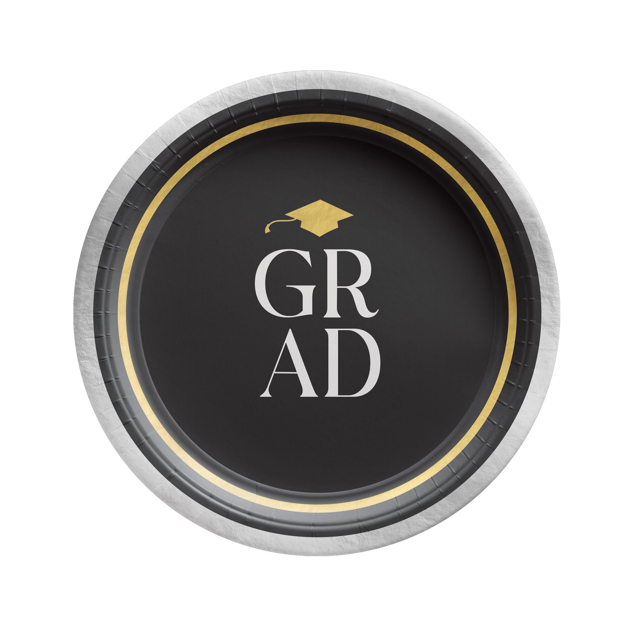 Classic graduation 7 inch round plates black and gold GRAD design from Party Fair in Manahawkin, NJ
