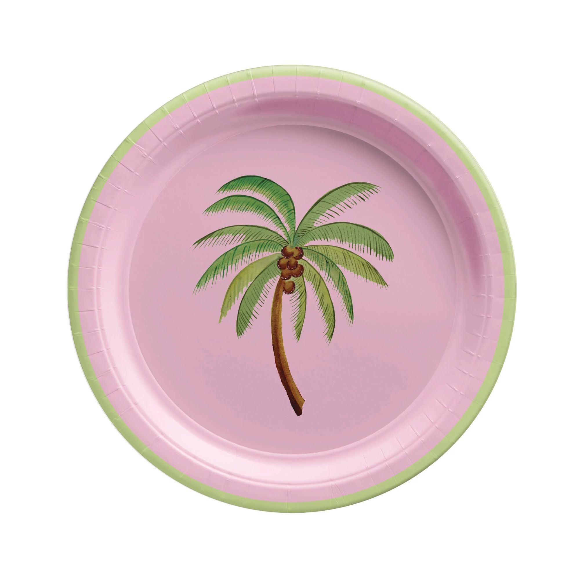 Royal Palm 7-inch tropical paper plates  showing pink and green palm tree design for summer party suppliesin-store at Party Fair Manahawkin, NJ