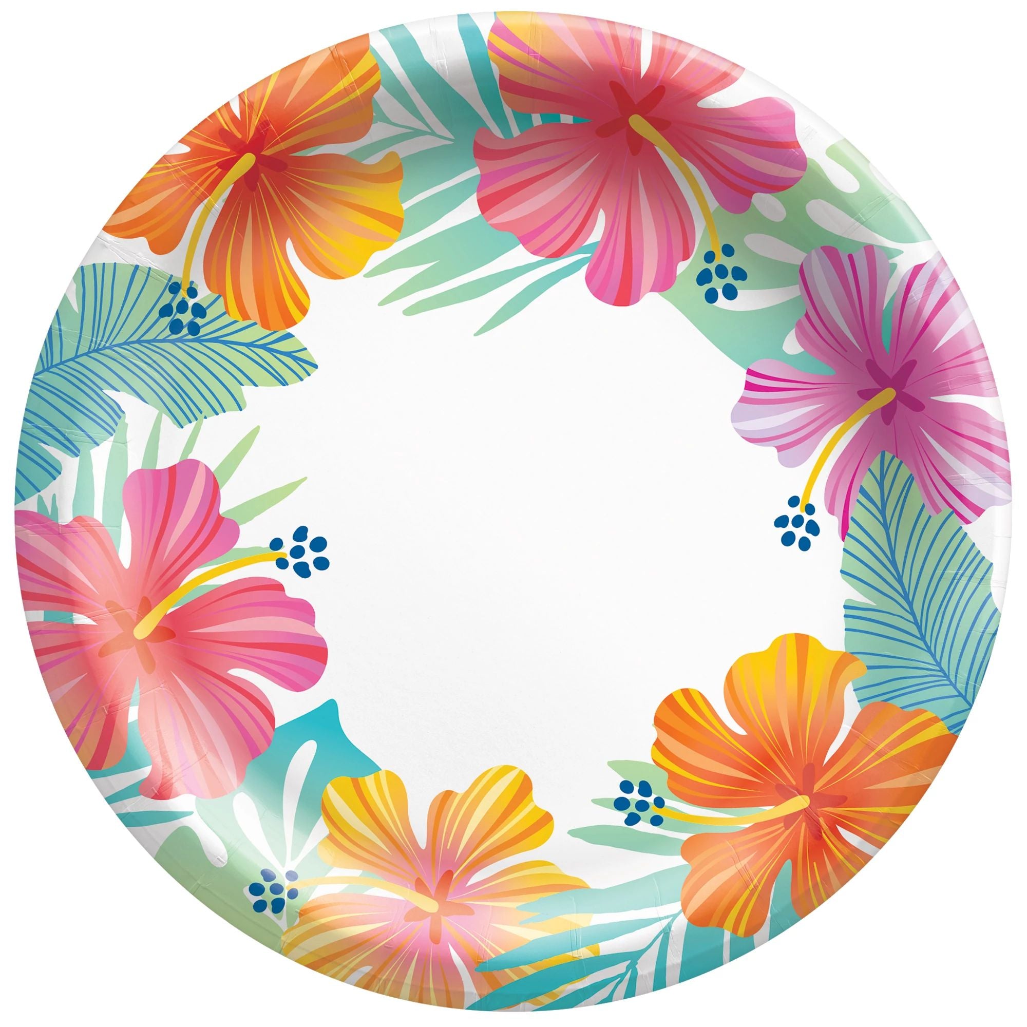 Hibiscus Summer Dreams 7 inch tropical paper plates for luau parties at Party Fair in Manahawkin, NJ