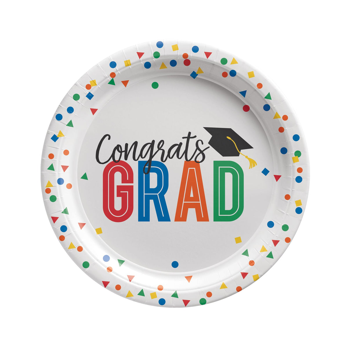 Colorful Future 7 inch graduation dessert plates with confetti border and GRAD design at Party Fair in Manahawkin, NJ