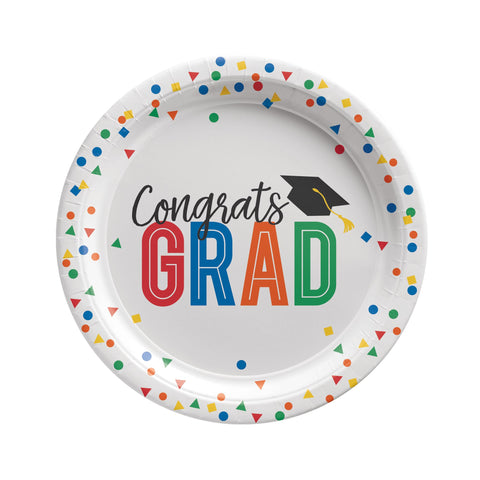 Colorful Future 7 inch graduation dessert plates with confetti border and GRAD design at Party Fair in Manahawkin, NJ