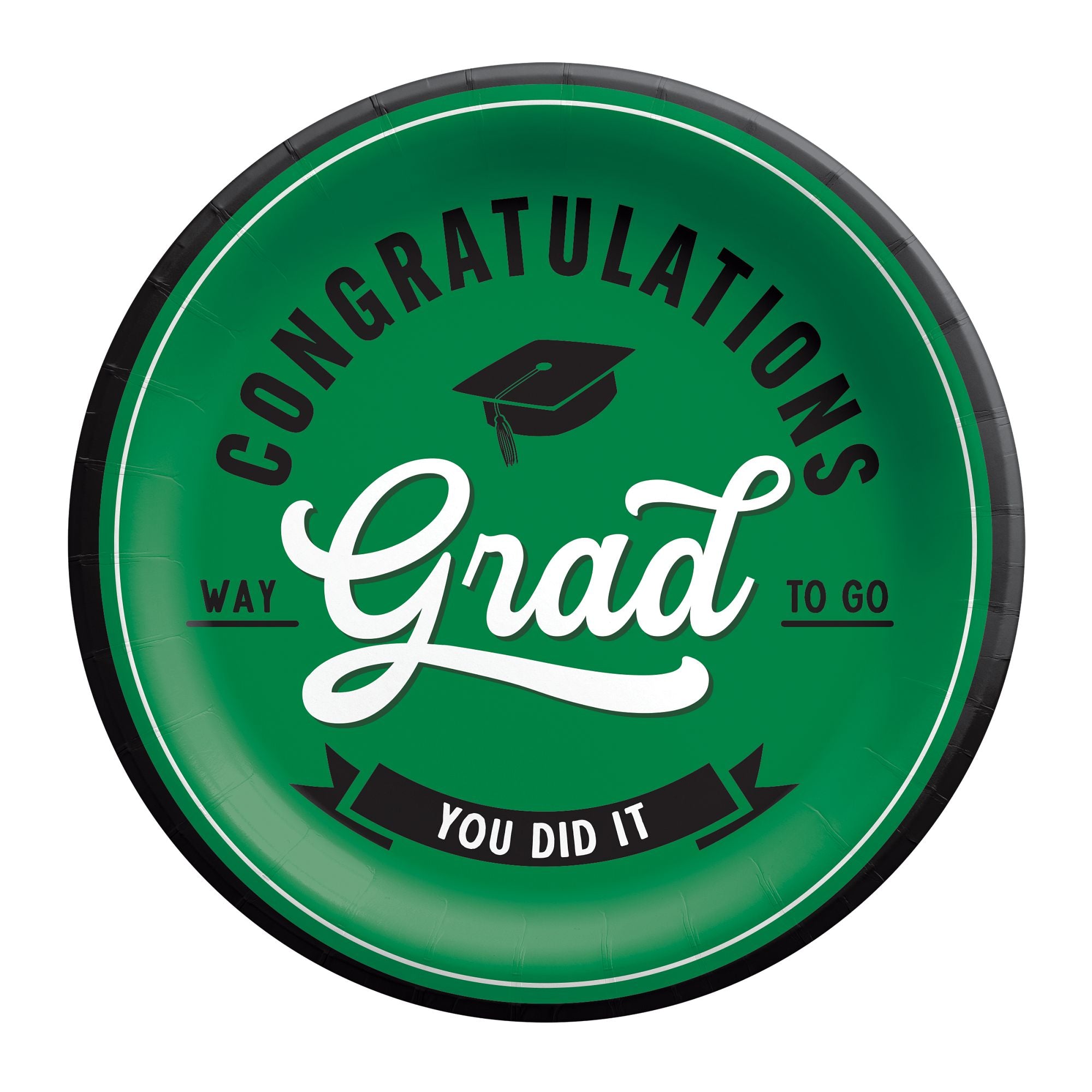 School spirit green graduation 9 inch plates with Congrats Grad design from Party Fair in Manahawkin, NJ