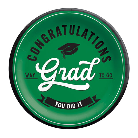 School spirit green graduation 9 inch plates with Congrats Grad design from Party Fair in Manahawkin, NJ