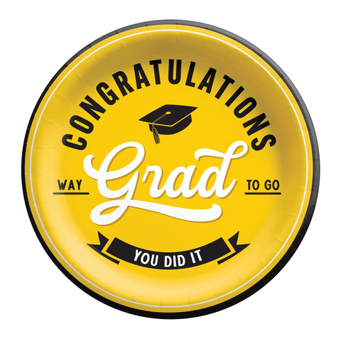School spirit yellow graduation 9 inch plates with Congrats Grad design from Party Fair in Manahawkin, NJ