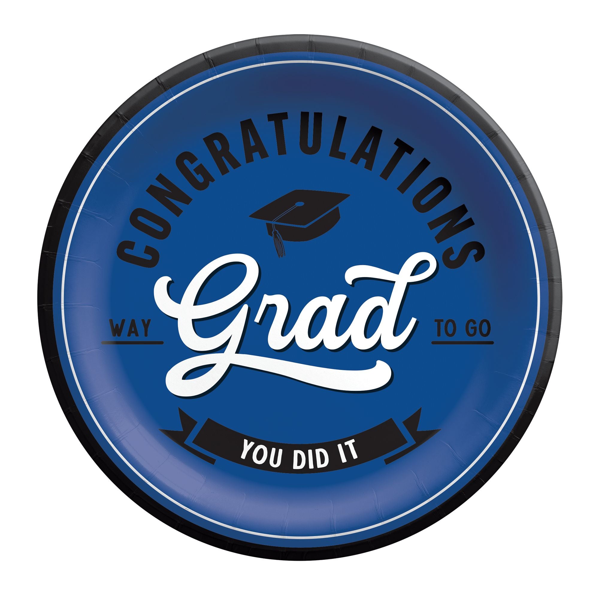 School spirit blue graduation 9 inch plates with Congrats Grad design from Party Fair in Manahawkin, NJ