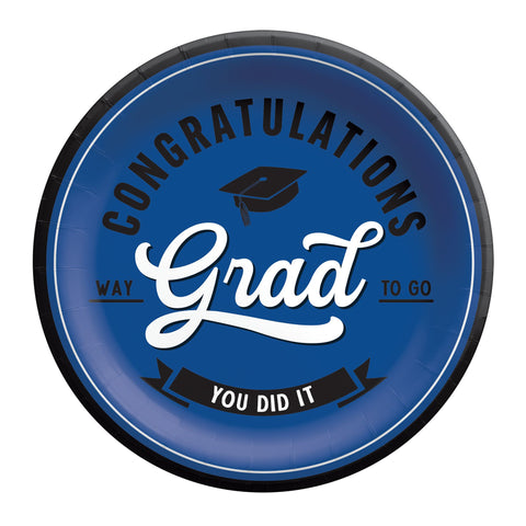 School spirit blue graduation 9 inch plates with Congrats Grad design from Party Fair in Manahawkin, NJ