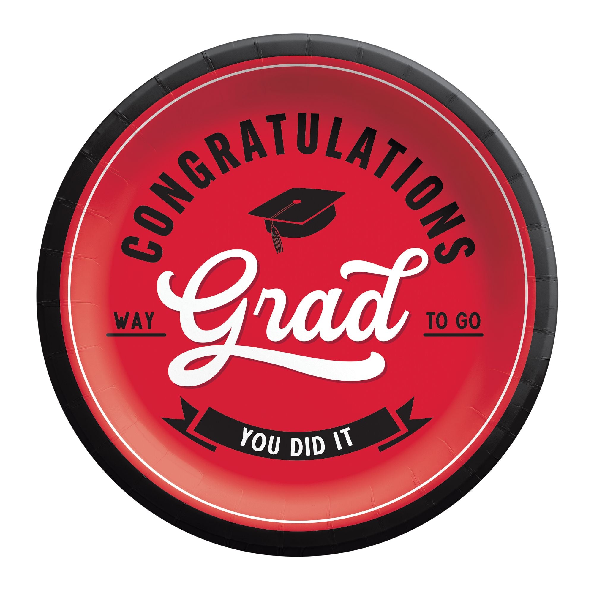 School spirit red graduation 9 inch plates with Congrats Grad design from Party Fair in Manahawkin, NJ