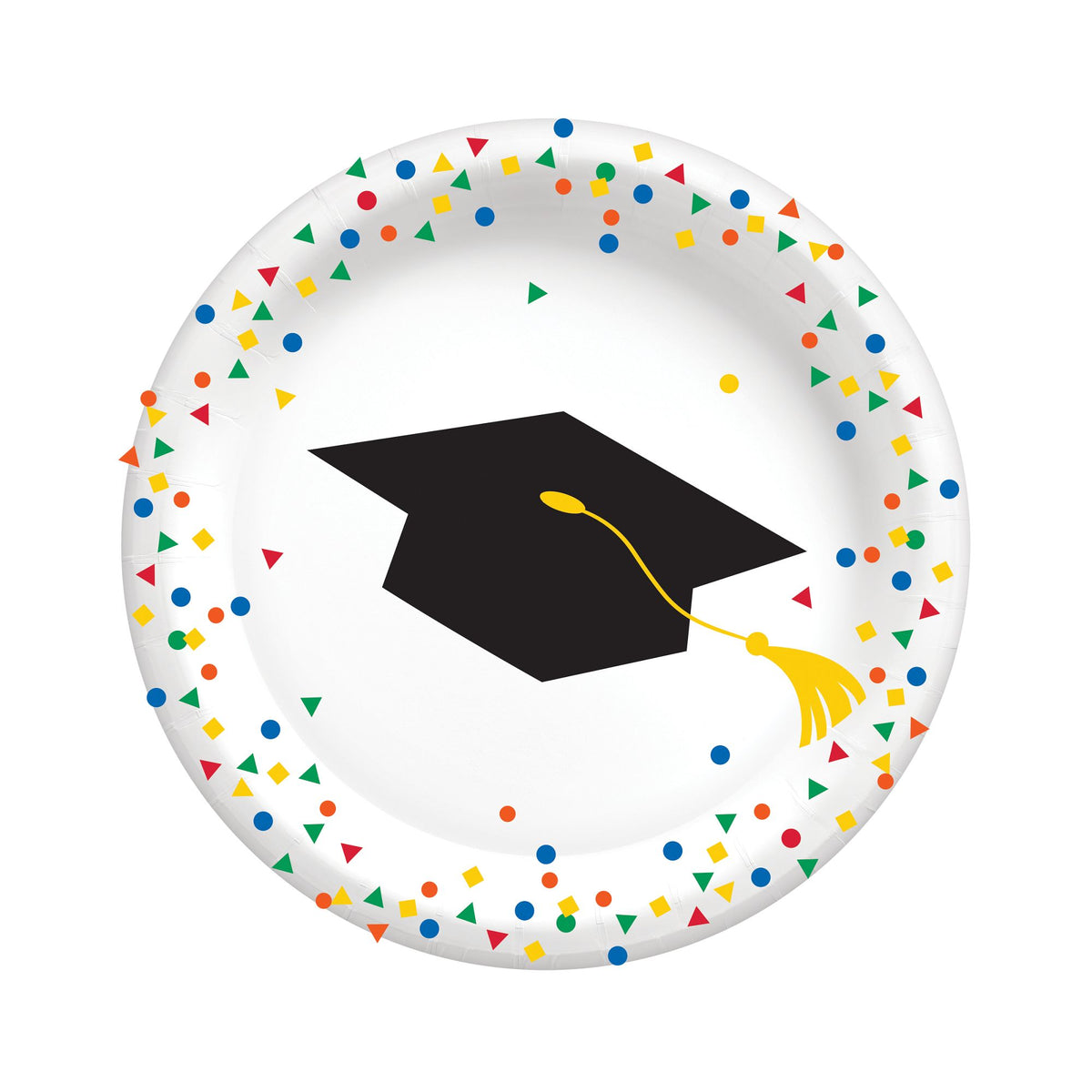 Colorful Future 9 inch graduation paper plates with confetti border available at Party Fair in Manahawkin, NJ