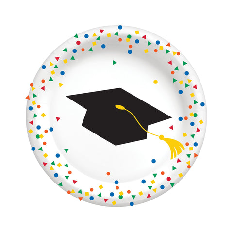 Colorful Future 9 inch graduation paper plates with confetti border available at Party Fair in Manahawkin, NJ