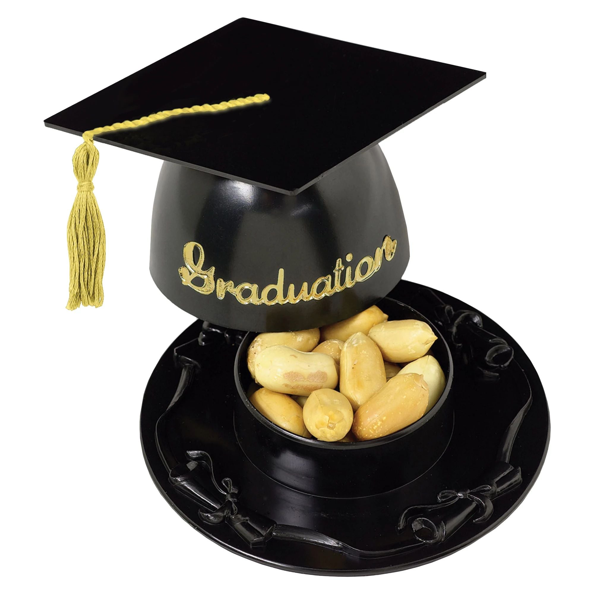 Black plastic mortarboard graduation cap favor cup for graduation parties, available in Manahawkin, NJ.  At Party Fair. 
