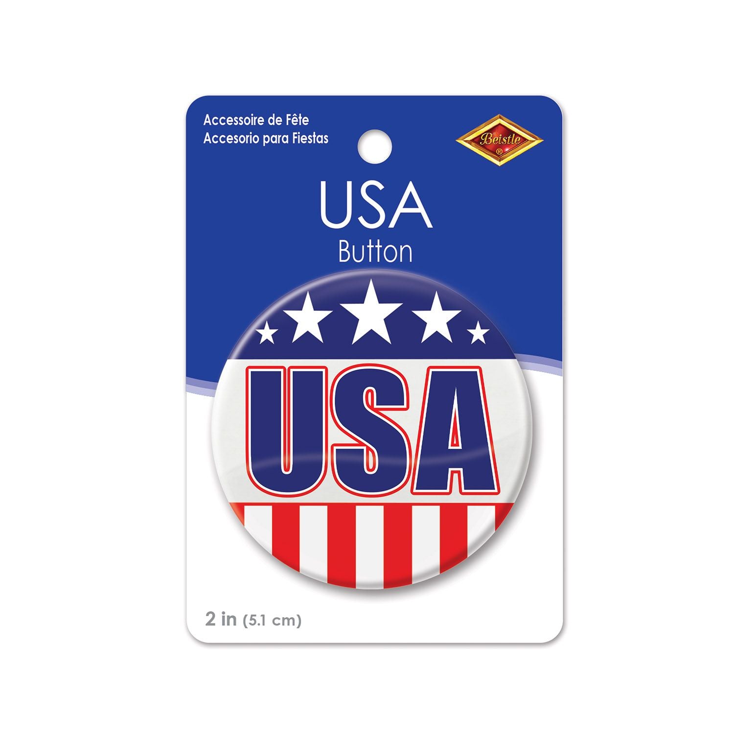 Retail packaging for USA Party Button 2 inch patriotic pin accessory